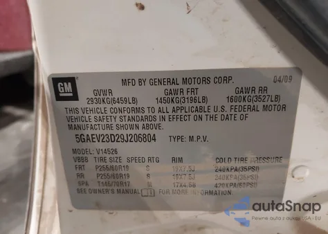 2009 Buick Enclave Cxl из США, поврежденный, VIN 5GAEV23D29J206804